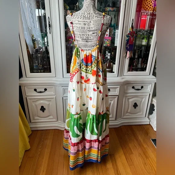 FARM Rio Mixed Picnic Tiered Maxi Dress with Fruit & Stripe Print M - Picture 5 of 11
